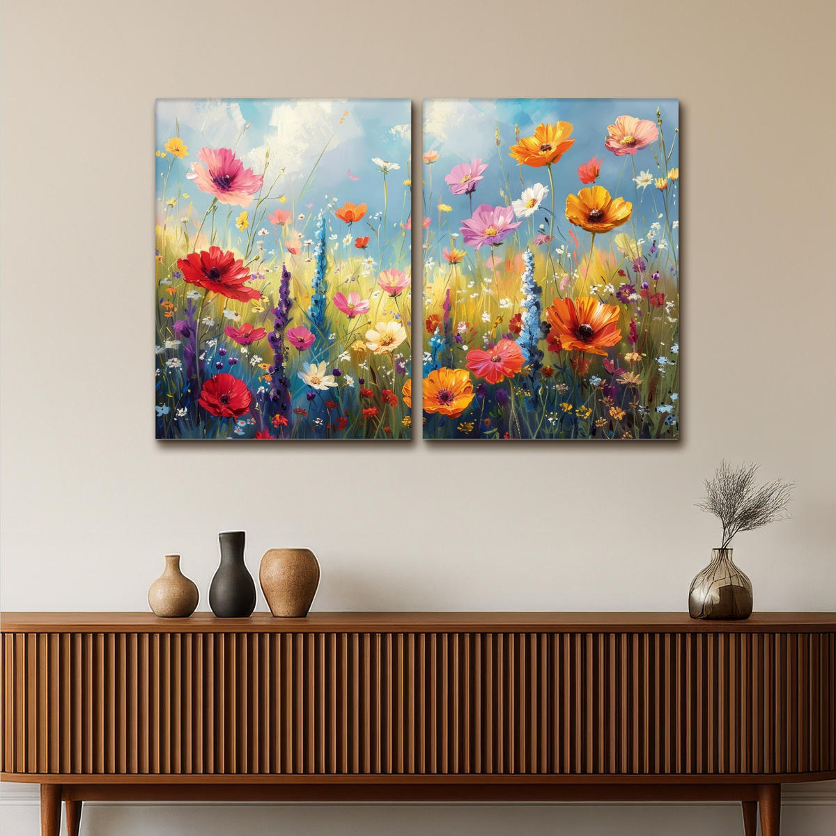 LEINWANDBILD 2er Set Blumen - Frühling - Farbenfroh - Sommerlich 120x80 cm - Orange, Textil (120/80cm) - MuchoWow