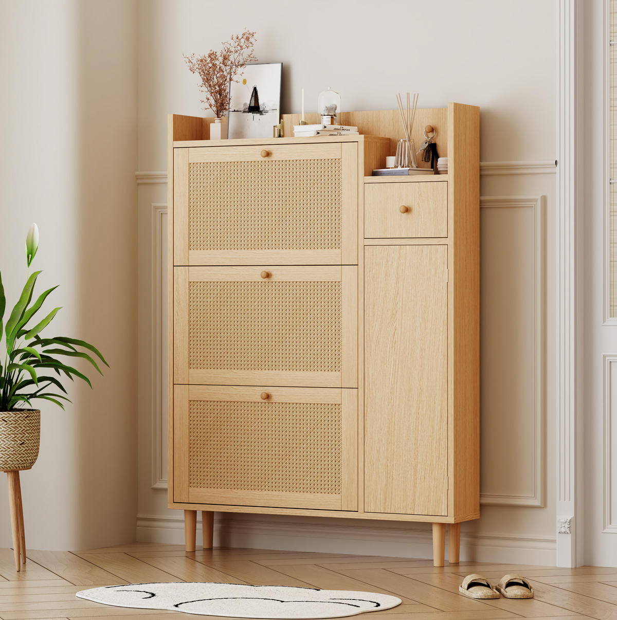 SCHUHSCHRANK aus MDF 90x125x17cm in Natur mit 3 Klapptüren & Schublade - Naturfarben, Holzwerkstoff (90/125/17cm) - Modfu