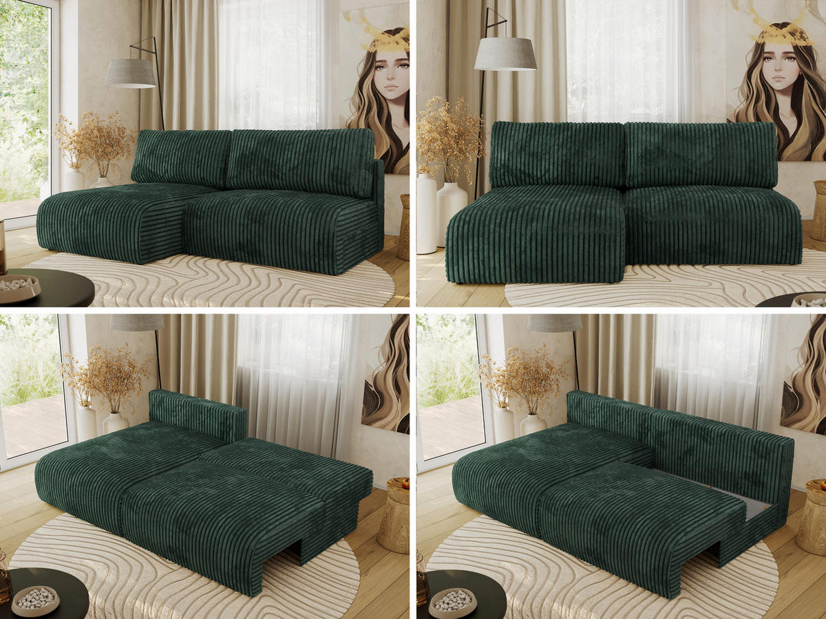 ECKSCHLAFSOFA VIVO L Grün Cord - links - Schwarz/Grün, Kunststoff/Textil (223/150cm) - MKS