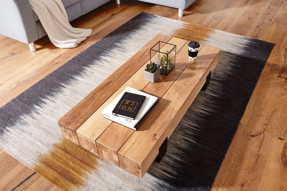 COUCHTISCH Industrie-Stil in Akazienholz und Schwarz Metall, Maße 130x25x59 cm - Beige/Schwarz, Holz/Metall (59/130/25cm) - KADIMA DESIGN