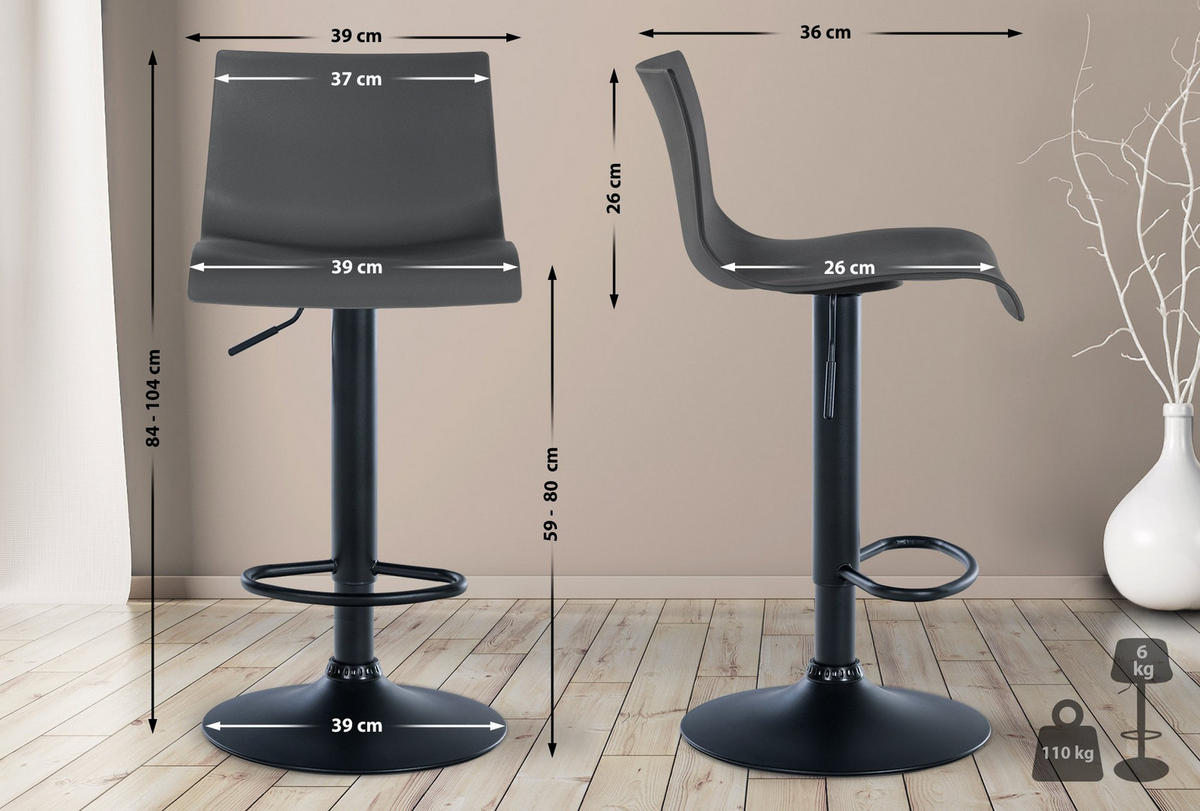 BARHOCKER Kunststoff grau - Schwarz/Grau, Kunststoff/Metall (39/84/36cm) - CLP