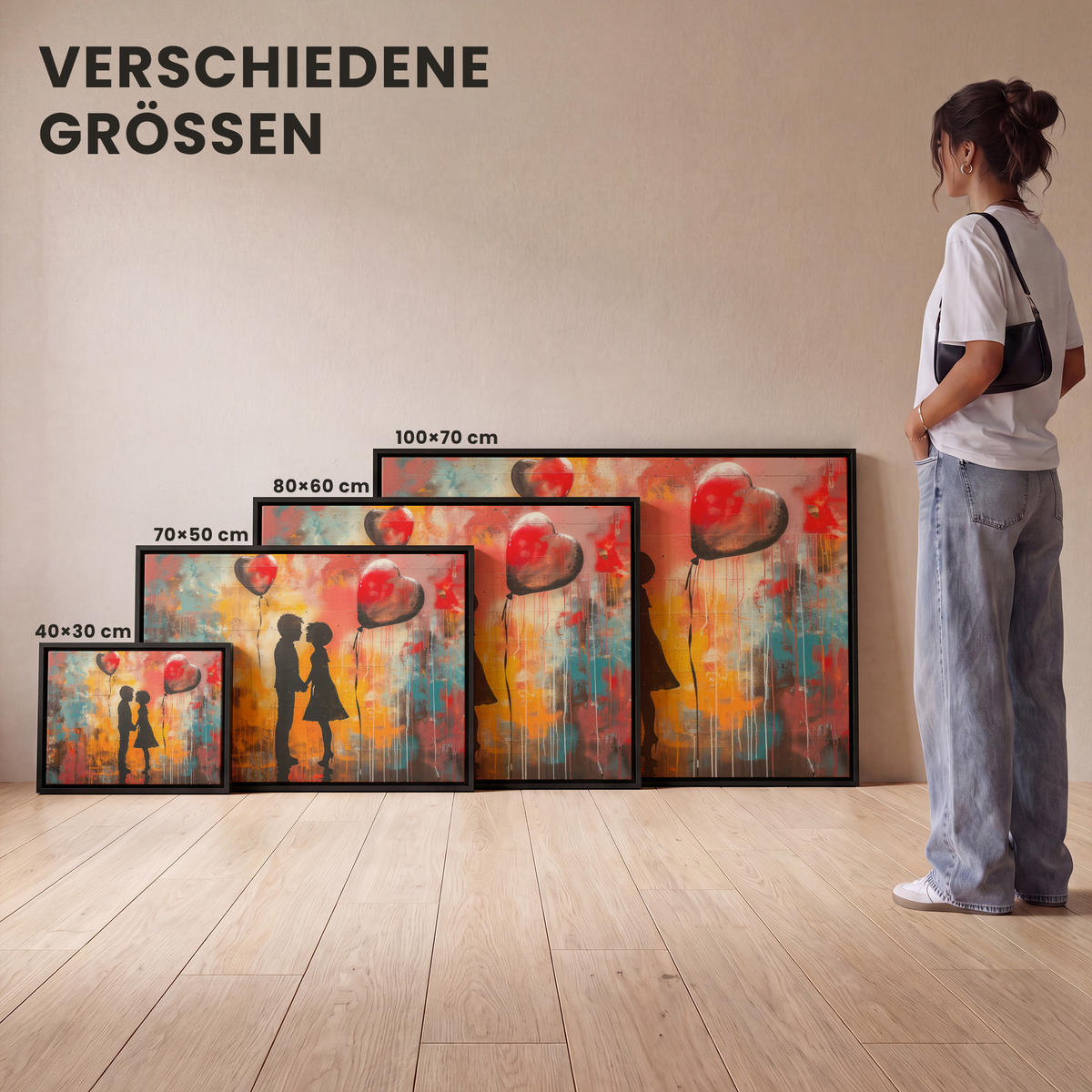 LEINWAND Bilder mit Rahmen - Straßenkunst - Liebe - Graffiti - Kunst - Banksy - 100x70 - Orange, Textil (100/70cm) - MuchoWow
