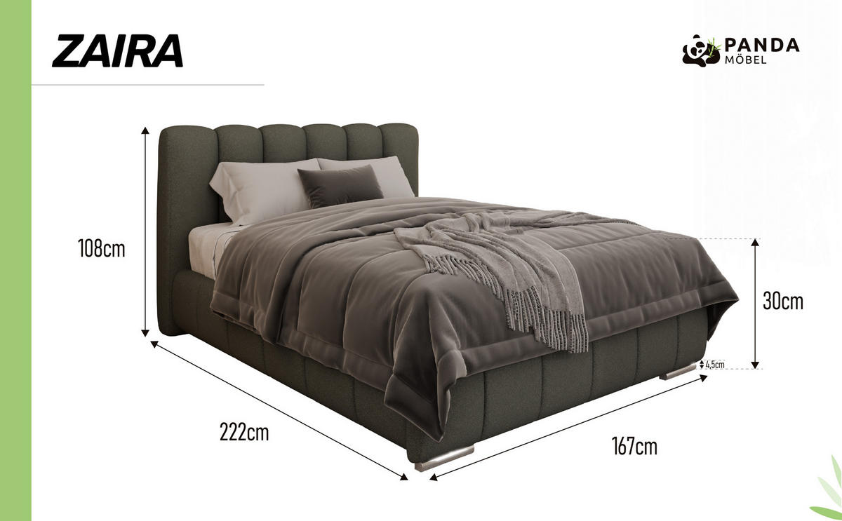 POLSTERBETT Zaira 140x200cm – Elegantes Polsterbett für modernen Wohnstil , Federkernmatratze Bonnel (18cm), grau - Grau, Holz - Panda Möbel