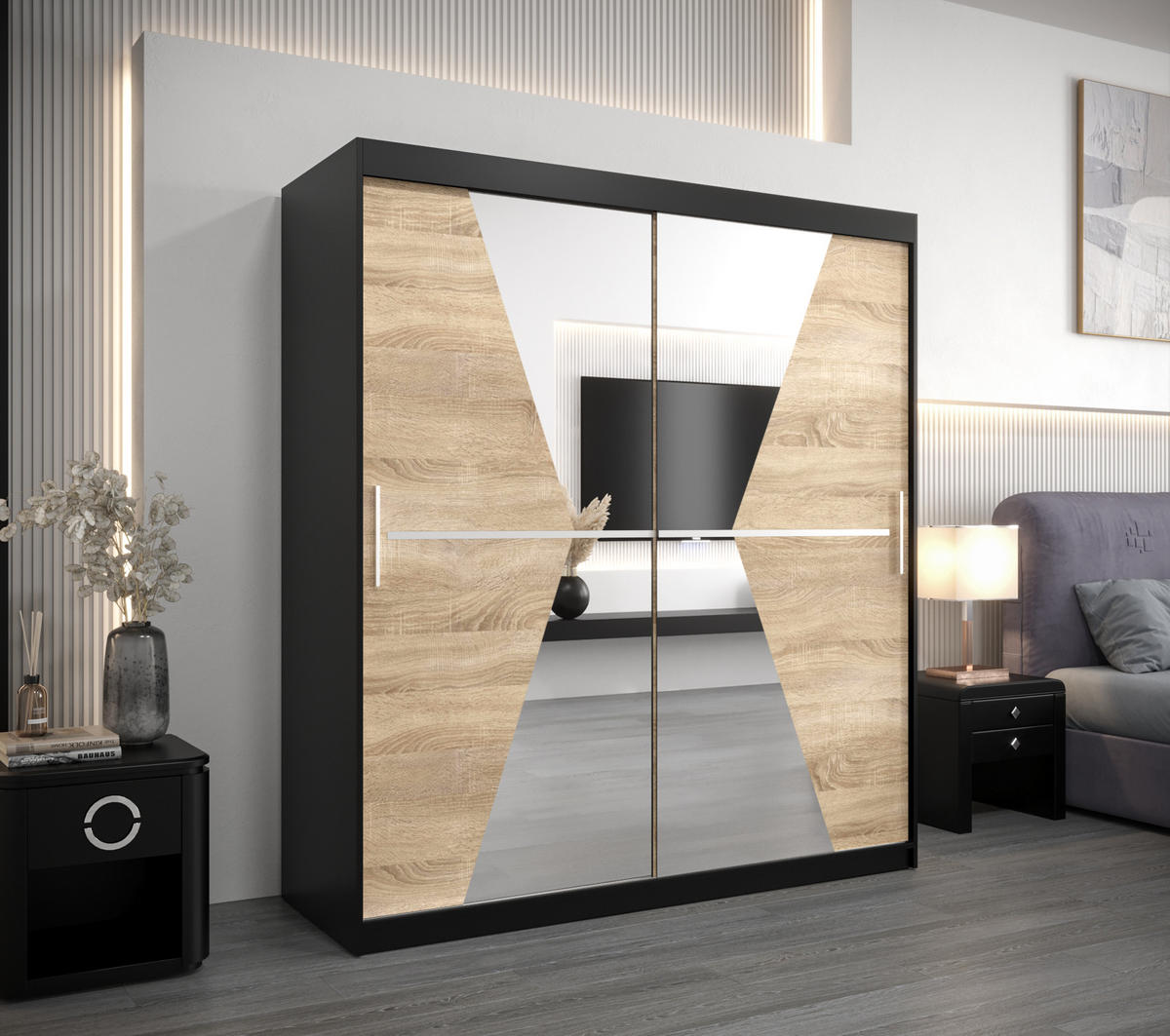 SCHWEBETÜRENSCHRANK 200/180/62 2-türig - Silberfarben/Schwarz, Holz/Kunststoff (180/200/62cm) - Abiks Möbel