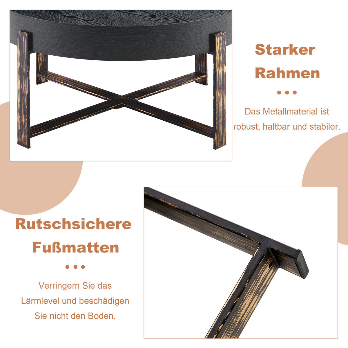 COUCHTISCH DE-002 Retro Schwarz/Antikbronze - Schwarz, Holzwerkstoff (68/68/36cm) - ComfortXL