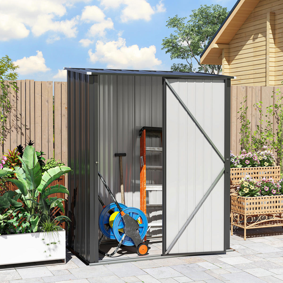 GARTENSCHUPPEN DE-08095 verschließbare Tür, Schwarz - Schwarz, Metall (94.5/196/161.5cm) - ComfortXL