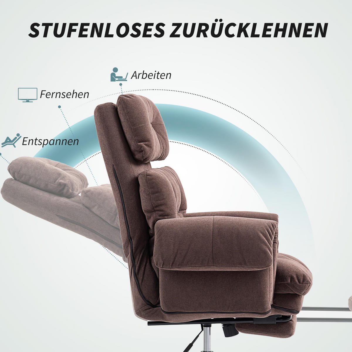 BÜROSTUHL, Ergonomischer Schreibtischstuhl mit Armlehne, Fußstütze, Kaffee - Schwarz/Braun, Textil/Metall (77/116/80cm) - HOMCOM
