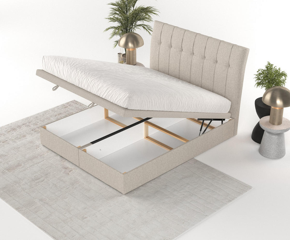 POLSTERBETT Kelsea mit Stauraum 160/200 cm Hellbeige im Megan Stoff - Sandfarben/Schwarz, Holz/Holzwerkstoff (160/200cm) - AltaBeds