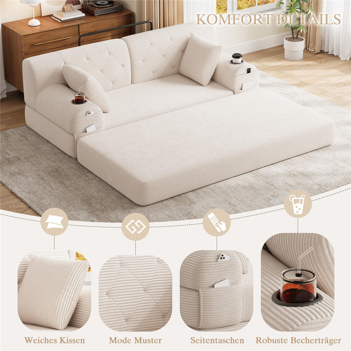 SCHLAFSOFA 2-Sitzer Cord Lounge mit Taschen & Getränkehaltern, Beige - Beige, Textil (168/81/80cm) - Kaket