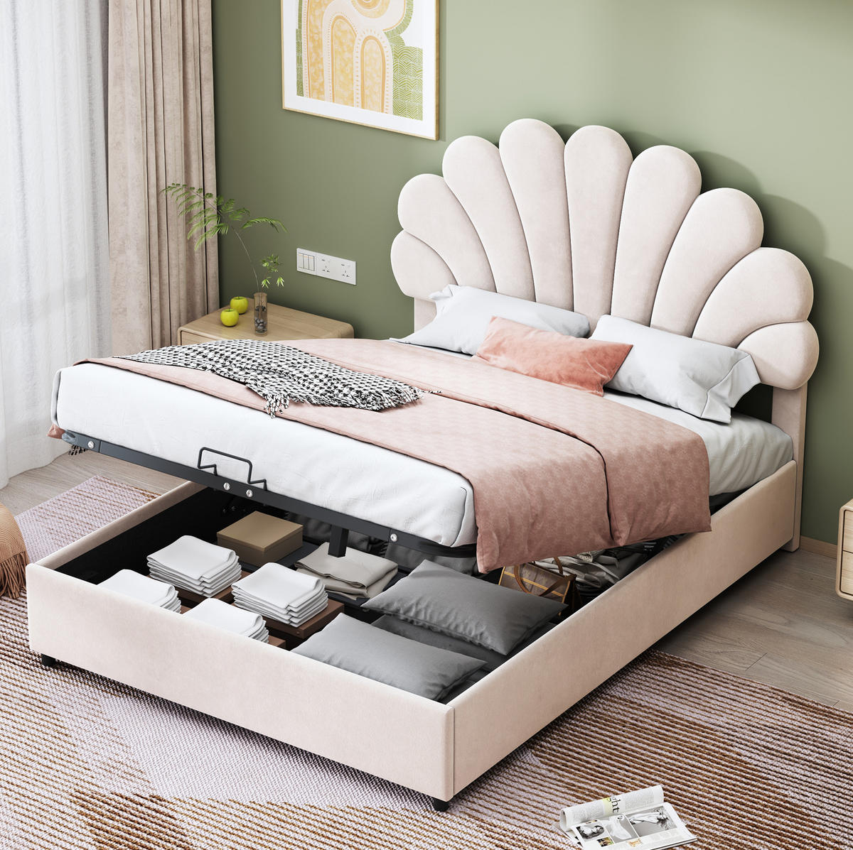 POLSTERBETT 140/200 cm mit Lattenrost und hydraulischem Bettkasten, florales Kopfteil aus Samt, Beige - Beige, Textil (140/200cm) - Redom