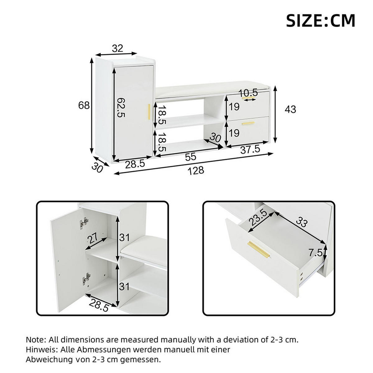 SCHUHBANK in 128x30x68cm mit 2 Schubladen 1 Schrank,Weiß - Weiß, Holzwerkstoff (30/68/128cm) - KOMHTOM