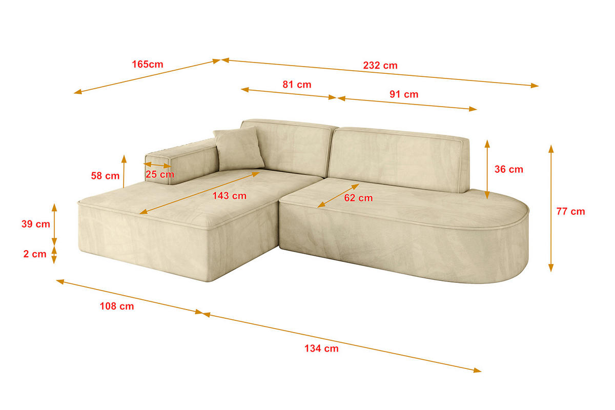 ECKSOFA Ottomane Links IREA-L1-v4 - 232x165x77 cm Beige - Taupe, Holzwerkstoff/Textil (232/165cm) - ALTDECOR