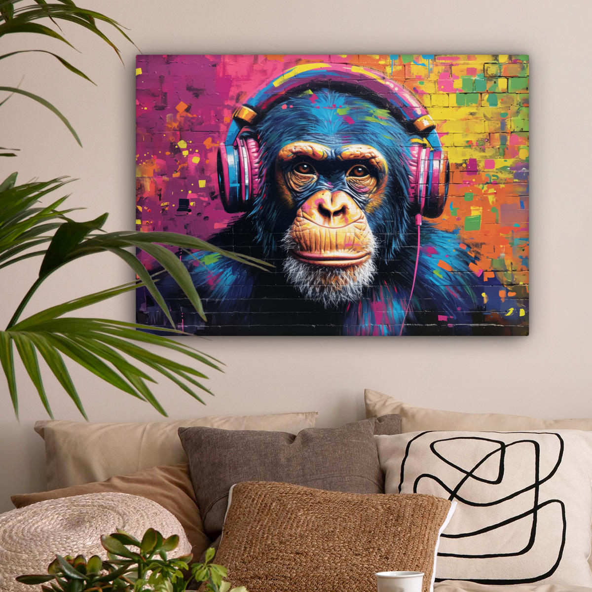 LEINWANDBILD Graffiti - Schimpanse - Straßenkunst - Kopfhörer - Affe Wandbilder 80x60 cm - Blau, Textil (80/60cm) - MuchoWow