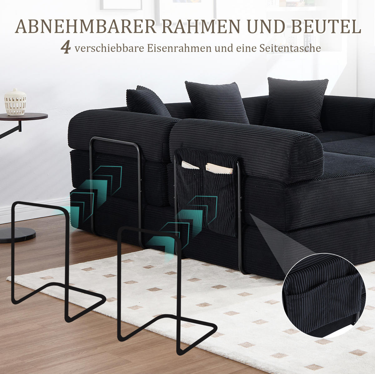 ECKSOFA 270/180/64 cm schwarz aus Cord modular mit Schlaffunktion - Schwarz, Textil (180/270cm) - OKWISH