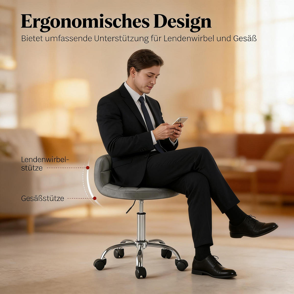 BÜROHOCKER DE-40851 mit Rollen höhenverstellbar 360° drehbar Dunkelgrau - Dunkelgrau, Metall (31/68/38cm) - ComfortXL
