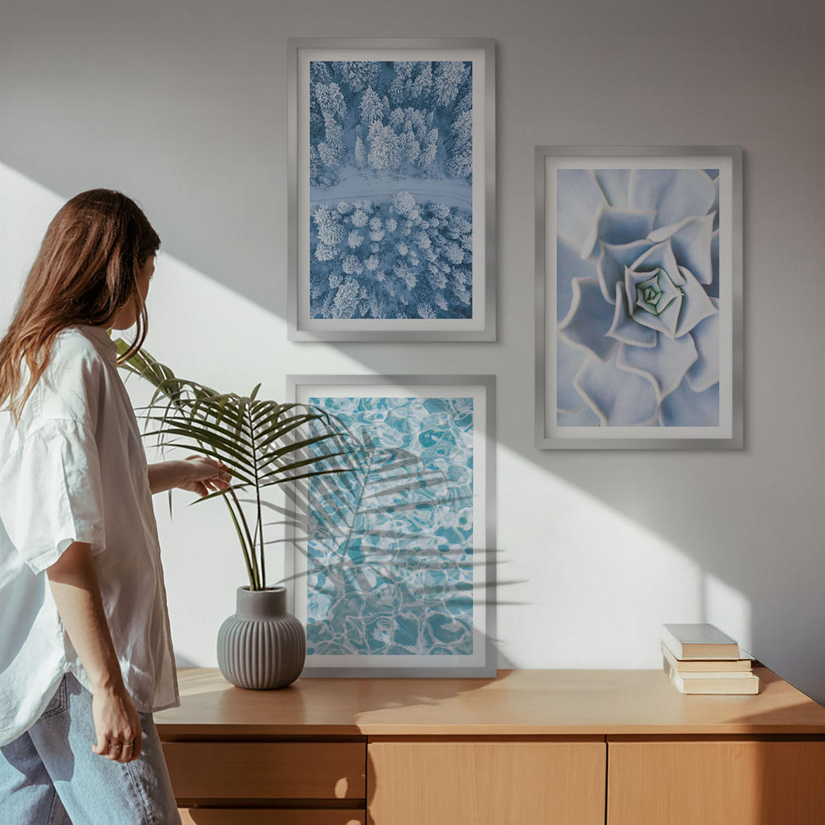 WANDBILDER 3er Set - 40x60 cm Silberner Rahmen - Winterwald blaue Blume Wasser - Silberfarben, Kunststoff (40/60cm) - ArtPrintCave