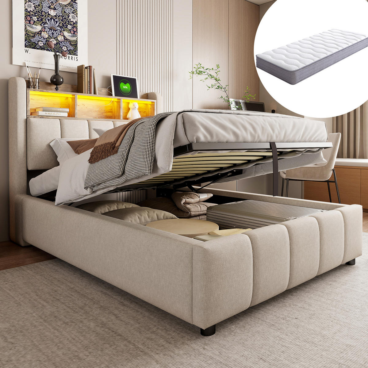 STAURAUMBETT 90/200 cm mit LED und Matratze, DE-41725, in Leinen Beige - Beige, Metall (90/200cm) - ComfortXL