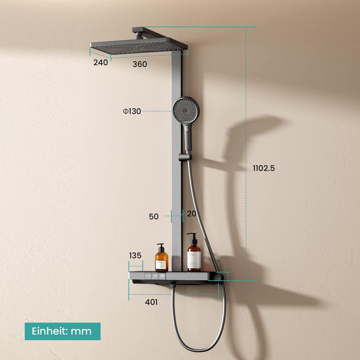 ÜBERKOPFBRAUSESET mit Drei Wasserauslassmethoden Thermostat Hebbar Anthrazit - Anthrazit, Metall (43.7/112.2/62.5cm) - EMKE
