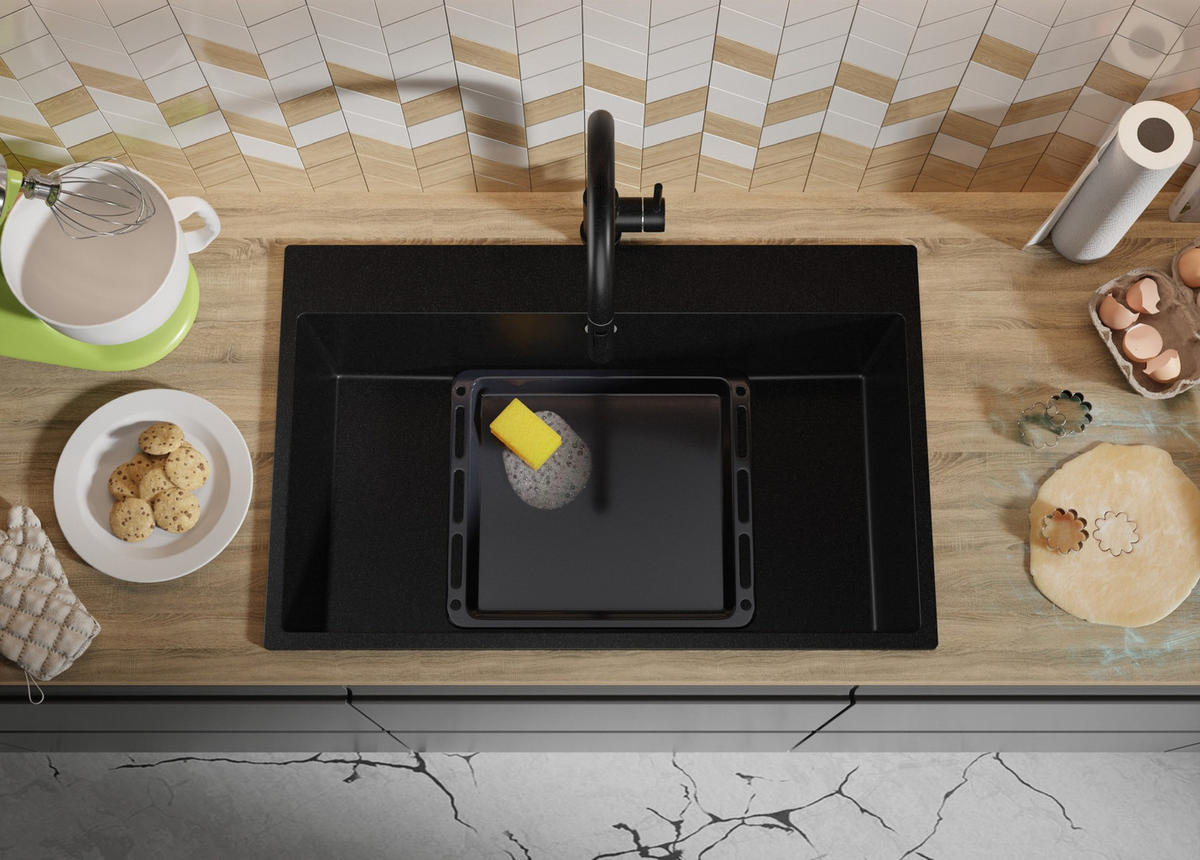 SPÜLBECKEN Riga, 2-er set Schwarz 78/50 cm 1 Becken + Ablauf-Set ab 80er Unterschrank - Chromfarben/Schwarz, Kunststoff (78/20/50cm) - Primagran