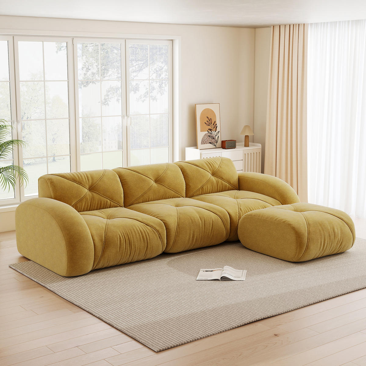 3-SITZER ECKSOFA Chenille Gelb mit Hocker - Gelb, Textil (281/171cm) - WISHDOR