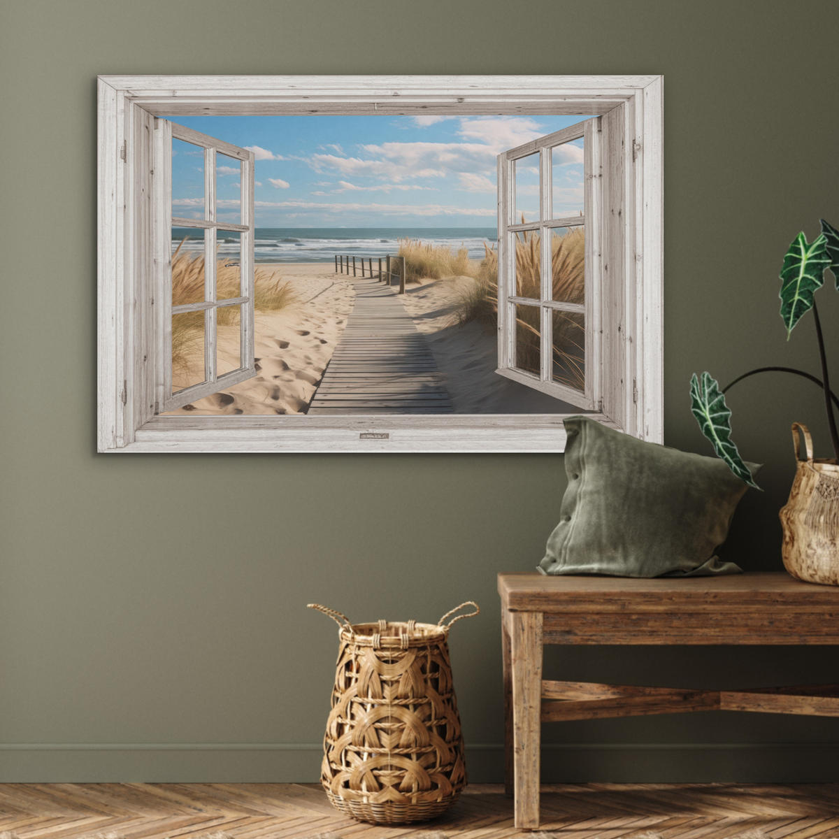 AKUSTIKPANEEL Fenster - Meer - Küste - Natur - Ausblick - Strand - Wattenmeer 100x70 cm - Beige, Textil (100/0.9/70cm) - MuchoWow