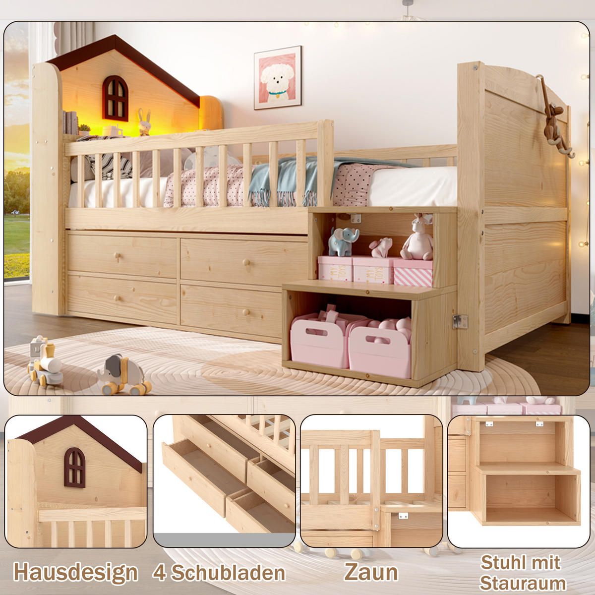 KINDERBETT 90/200 cm in Natur mit 4 Schubladen, LED und Regal - Naturfarben, Holz/Holzwerkstoff (90/200cm) - WISHDOR