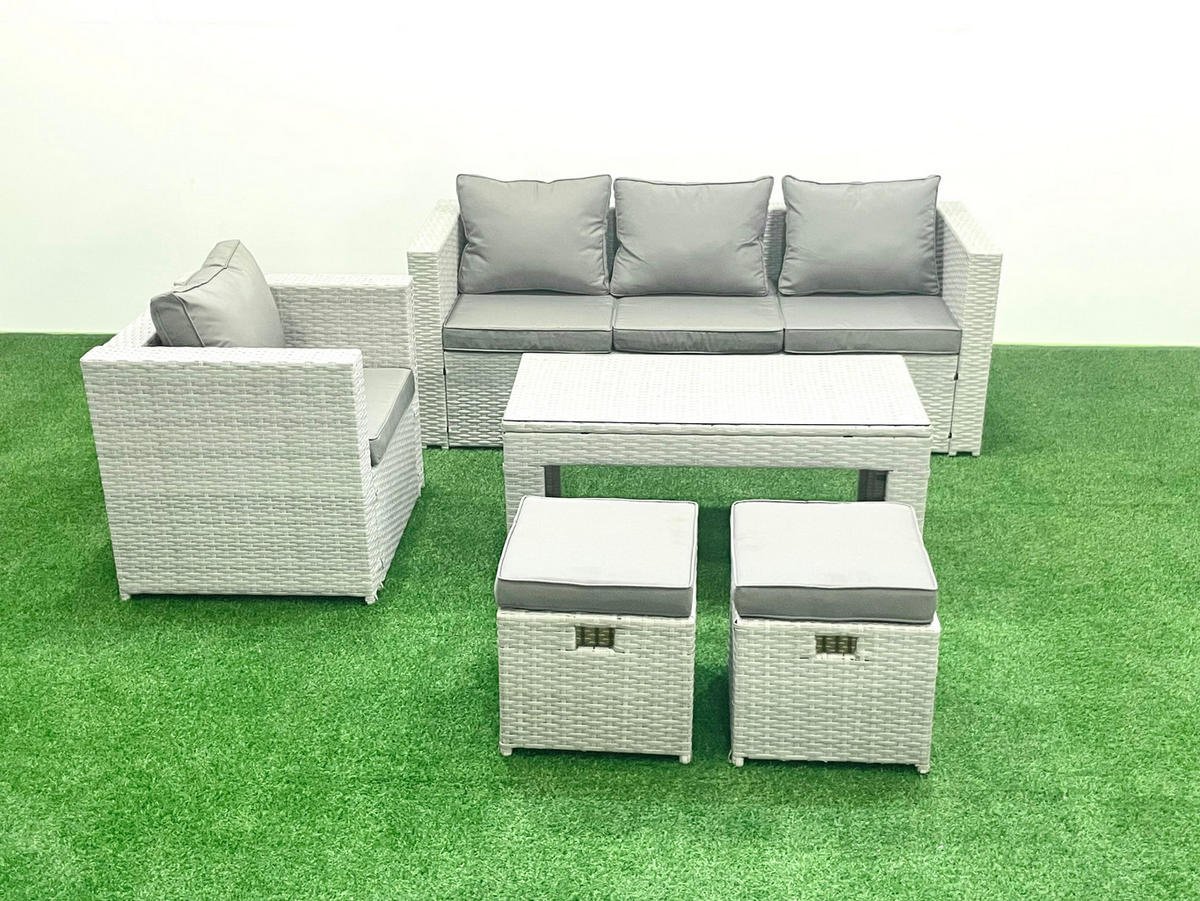 GARTENSET mit 3-SITZER SOFA,COUCHTISCH Polyrattan Hellgrau-Mix 6-Sitzer - Hellgrau/Grau, Glas/Kunststoff - Fimous