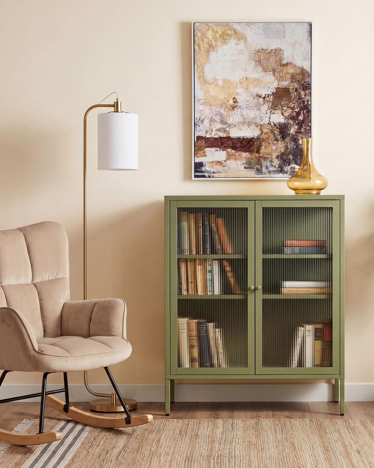 SIDEBOARD se skleněnými dveřmi Kov 90 cm Zelený Lerryn - zelená barva, kov (90/111/35cm) - Beliani