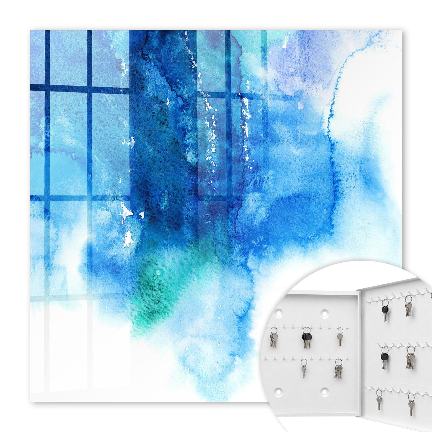 SCHLÜSSELBOX Weiß 30x30 cm – Türöffnung nach rechts - Blaue Wellen - Blau, Metall (30/30/5cm) - TULUP