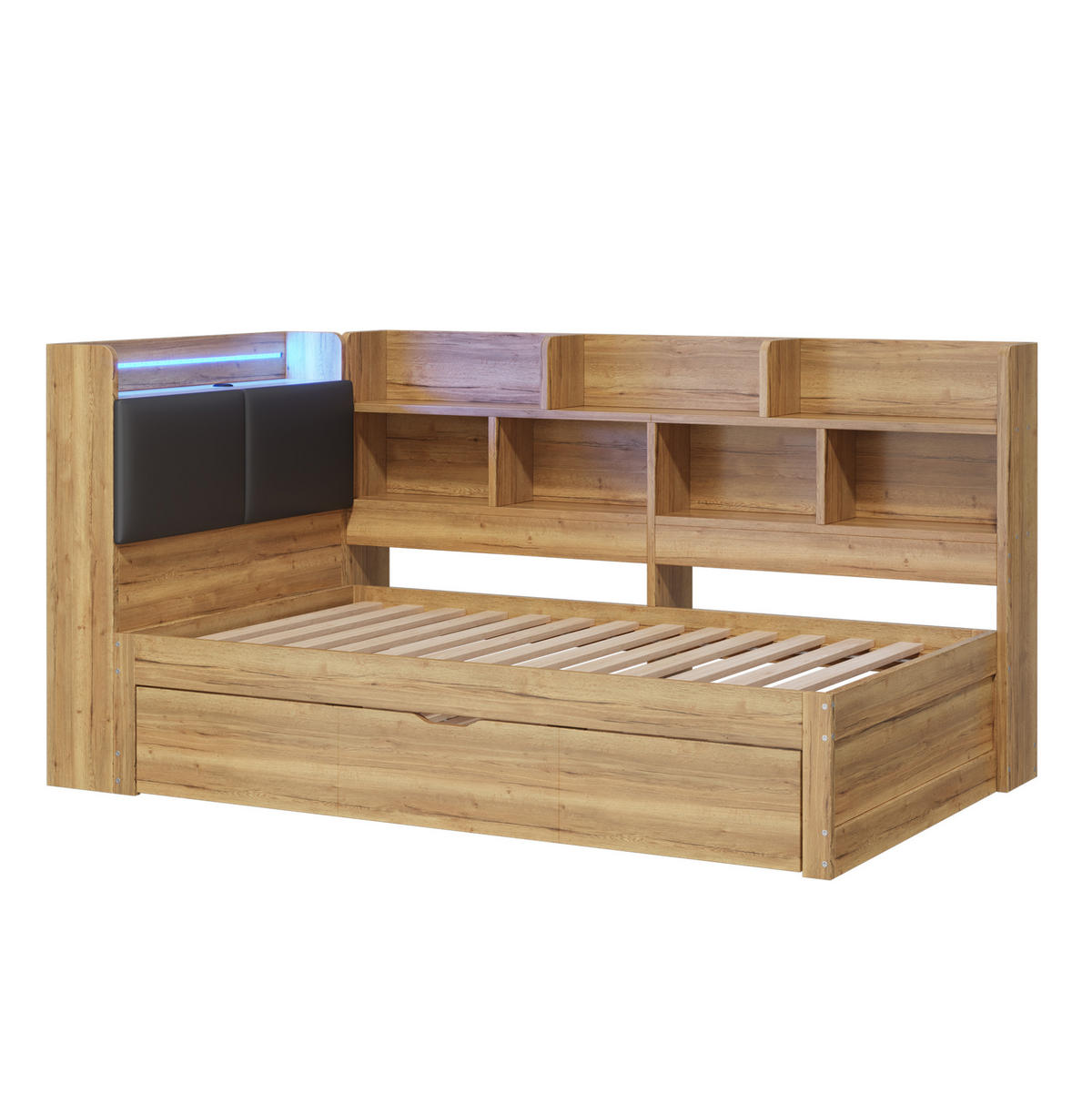 KINDERBETT 90/200 cm aus MDF mit Ausziehbett 90/190 cm, LED, USB-C und Stauraum, Natur - Naturfarben, Holzwerkstoff (90/200cm) - Redom