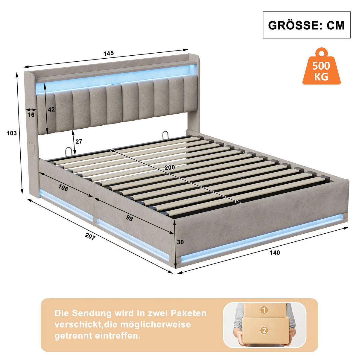POLSTERBETT 140/200 cm, Grau, Leinen, mit Stauraum, LED-Beleuchtung und USB-Ladefunktion - Naturfarben/Grau, Holz/Metall (140/200cm) - FURNISHINGS HOME