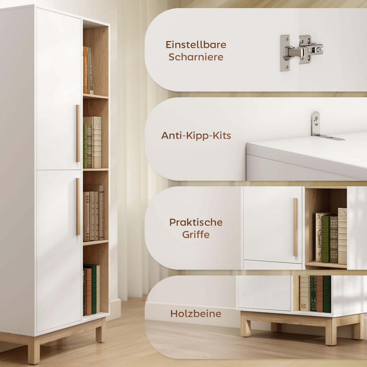 BÜCHERREGAL mit 2 Türen Standregal mit 4 Offenen Ebenen Verstellbaren Ablagen - Multicolor/Weiß, Holzwerkstoff (35/176/62.5cm) - HOMCOM