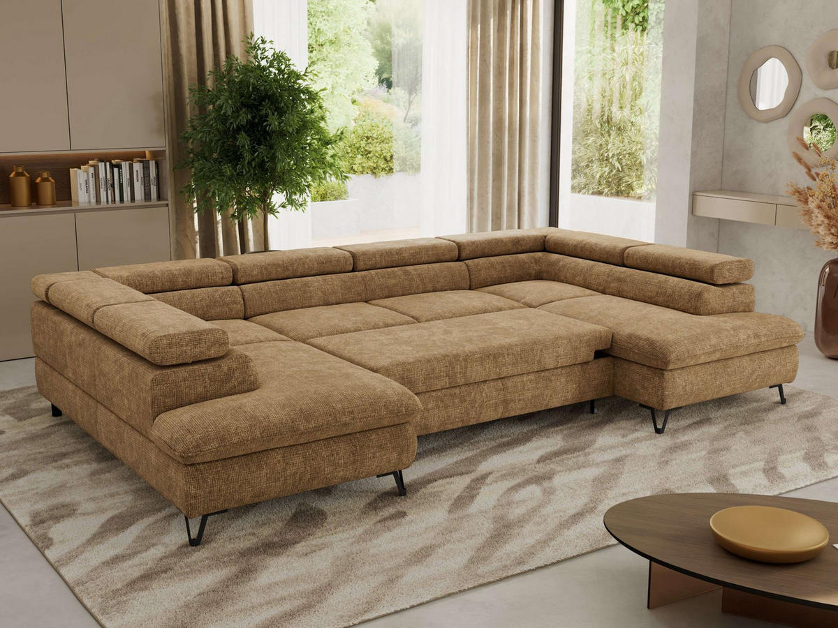 WOHNLANDSCHAFT PABLO U Schenille grob gewebt Hellbraun - Hellbraun/Schwarz, Textil/Metall (346/76/208cm) - MKS