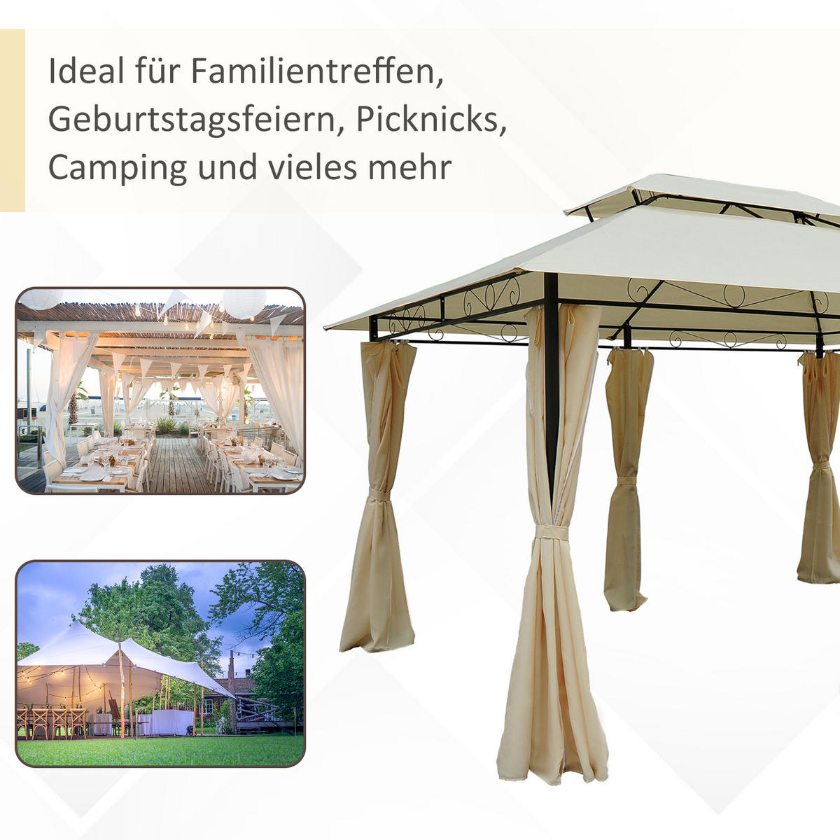 PAVILLON, Beige+Schwarz, Stahl, 180g/m² Polyester - Beige, Metall (300/280/400cm) - Outsunny