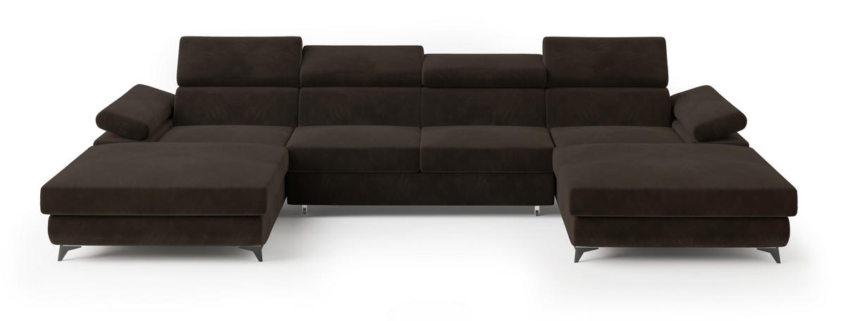 WOHNLANDSCHAFT DETTI Braun Velours-Stoff mit Schlaffunktion - Braun, Holz (339/89/190cm) - MASSENO