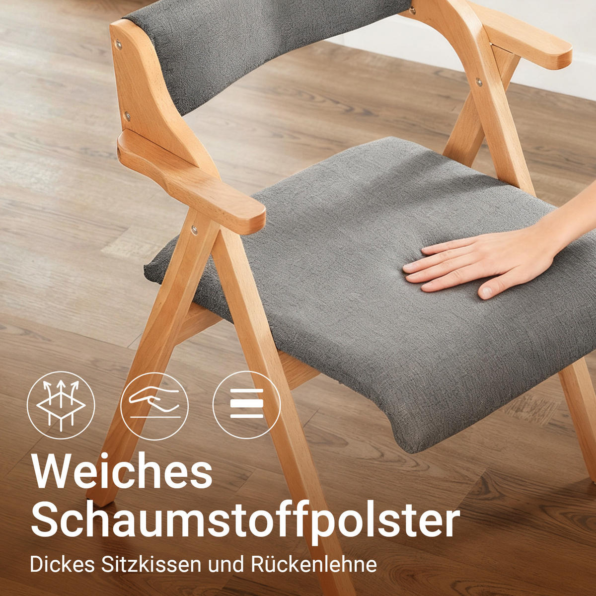 KLAPPSTUHL aus massivem Buchenholz mit Polsterung, Grau - Grau, Holz (61.5/77.6/56cm) - SoBuy