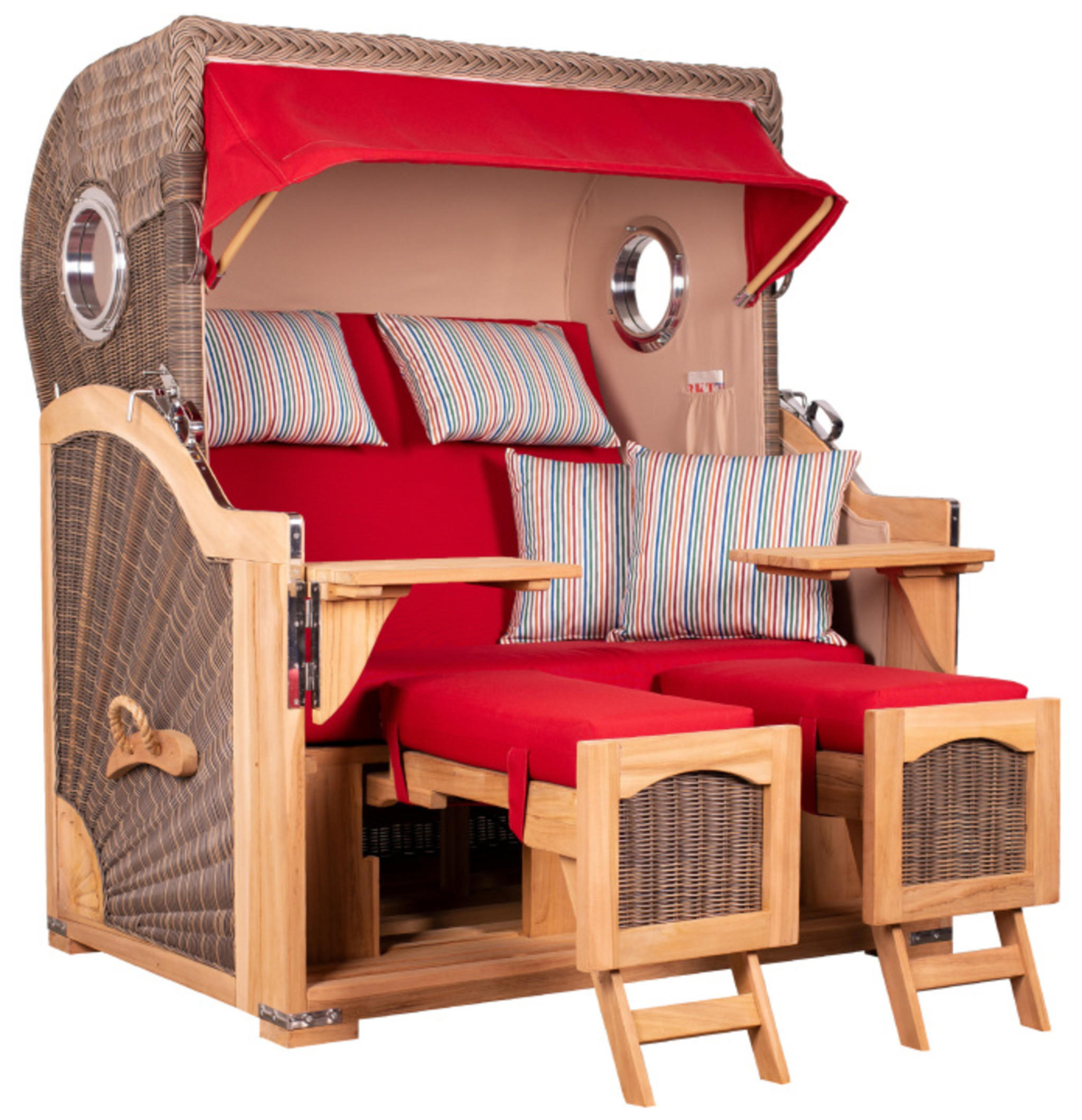 STRANDKORB Düne Grande Bullauge Teak PE Grey Dessin 585 - Rot/Braun, Metall (142/170/95cm) - Mr. Deko