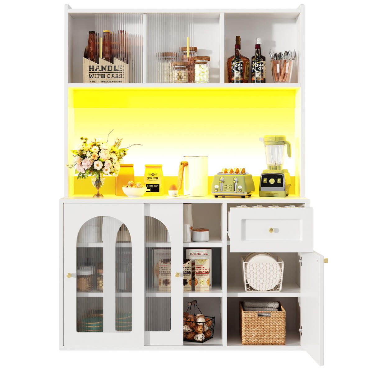BUFFET 120/35/167 cm in Weiß mit LED-Beleuchtung und Glastüren - Weiß, Holzwerkstoff (120/167/35cm) - Flora Grace