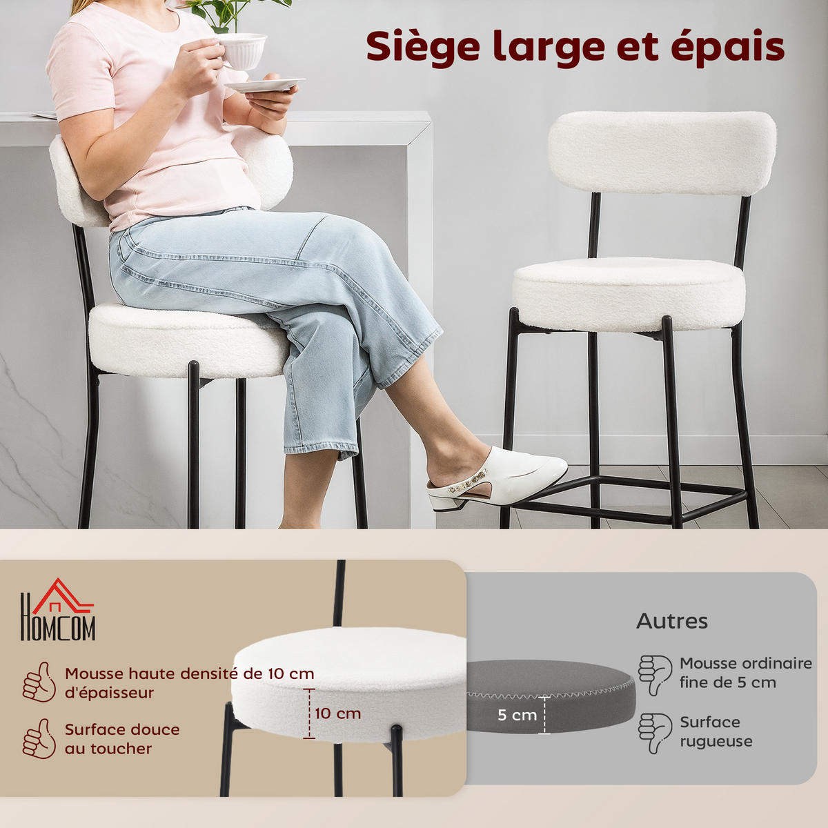 BARHOCKER 2er-Set DE-14785 gepolstert mit Fußstütze Creme - Creme, Metall (49/95/52cm) - ComfortXL