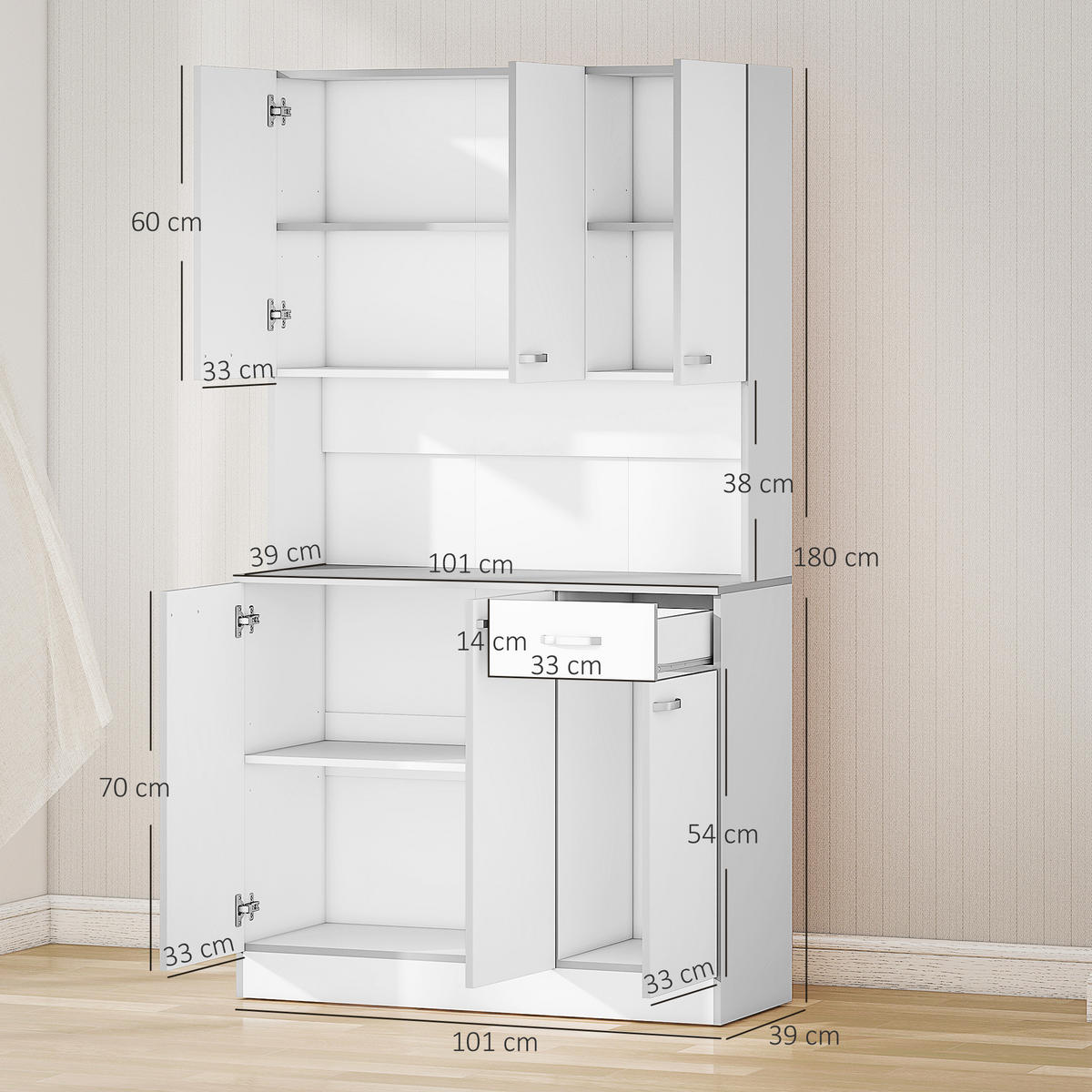 KÜCHENSCHRANK Weiß-Grau, 6 Türen, 1 Schublade, 101/39/180 cm - Weiß, Holzwerkstoff (101/180/39cm) - PANGIVO