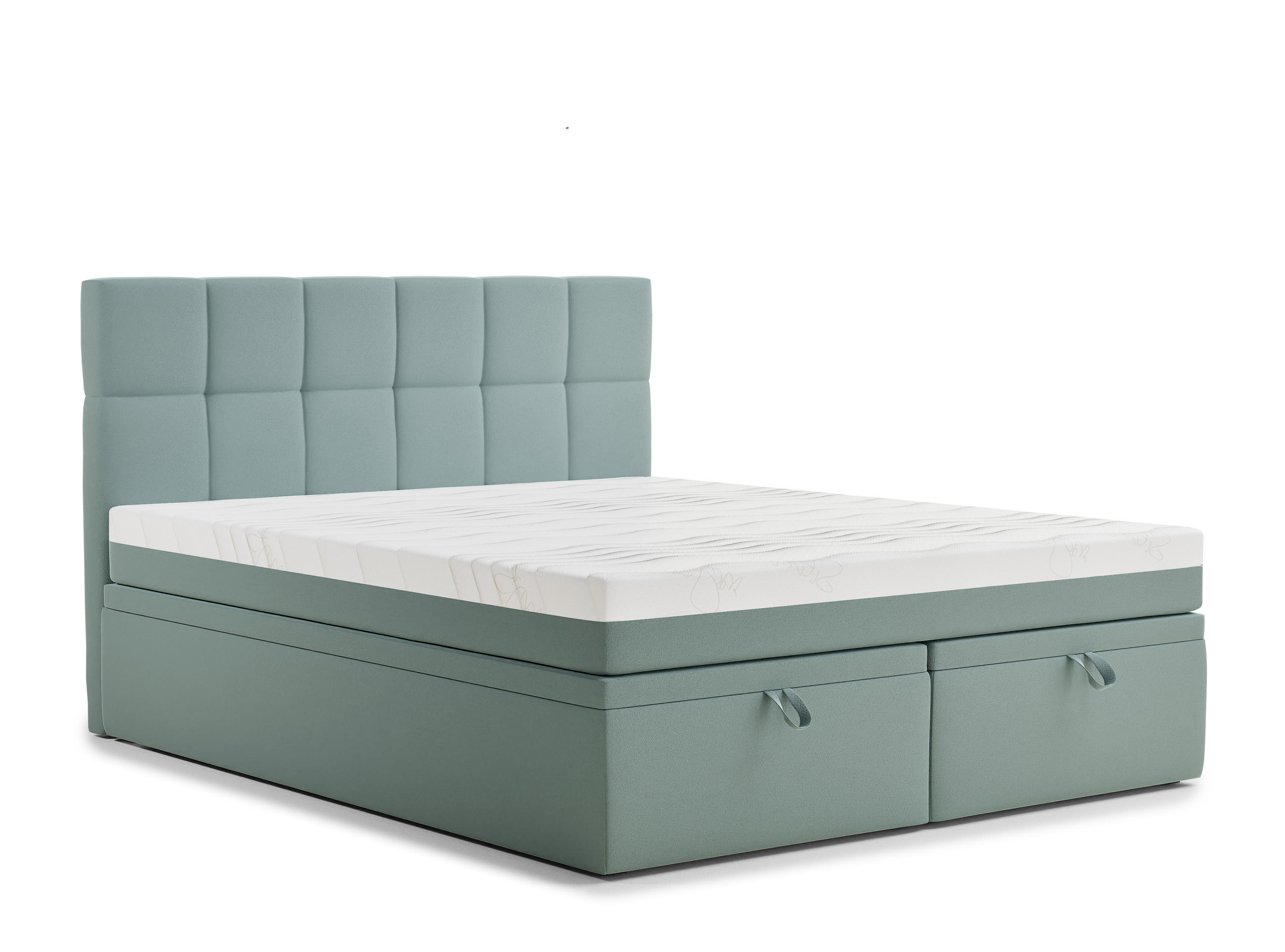 BOXBETT 180/200 cm Gotu M, in Türkis, Matratze, gepolstertes Kopfteil, Bettkasten, H3 = fest - Türkis/Schwarz, Holz/Holzwerkstoff (180/200cm) - Maison de Reve