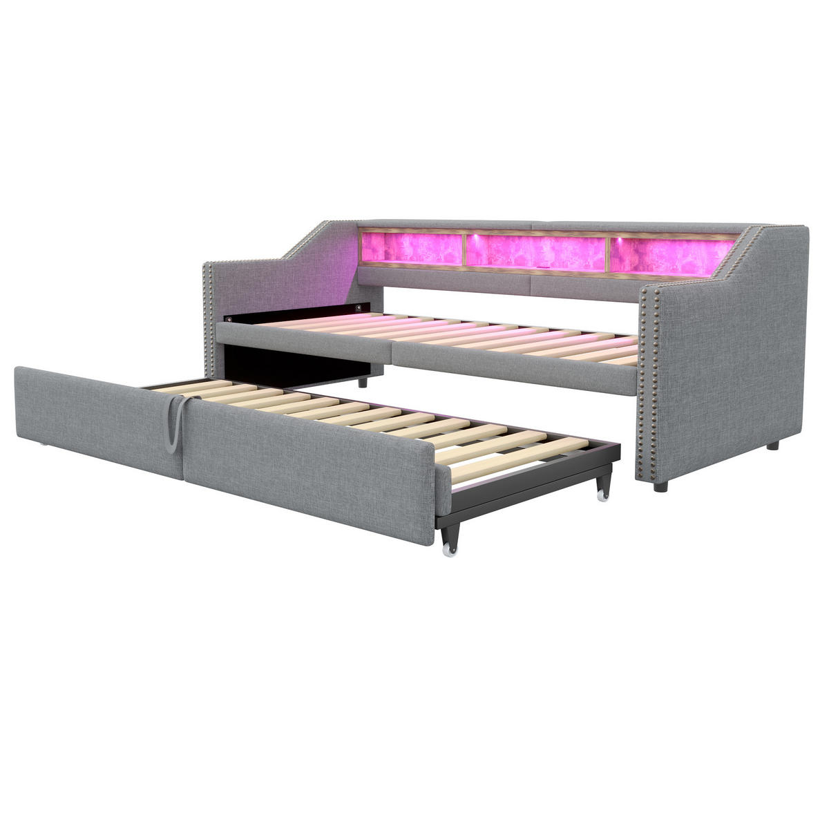 POLSTERSCHLAFSOFA 90/200 cm ausziehbar auf 180/200 cm mit LED, USB und Ablagefächern, Hellgrau - Hellgrau, Textil (90/200cm) - Redom