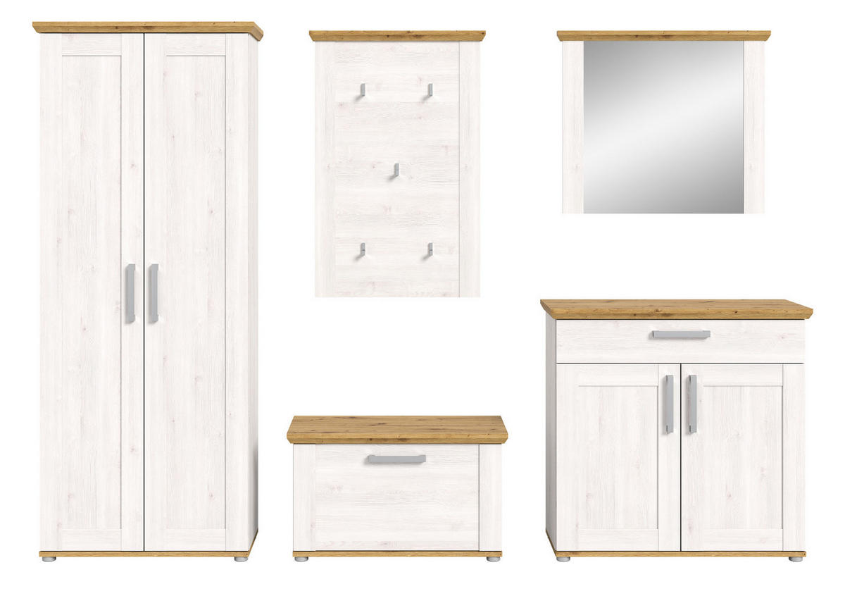 GARDEROBE Set 5-teilig weiß Lärche 285 cm, Komplettset im Landhaus-Stil - Silberfarben/Weiß, Glas/Holzwerkstoff (285/196/39cm) - Inn.Furn