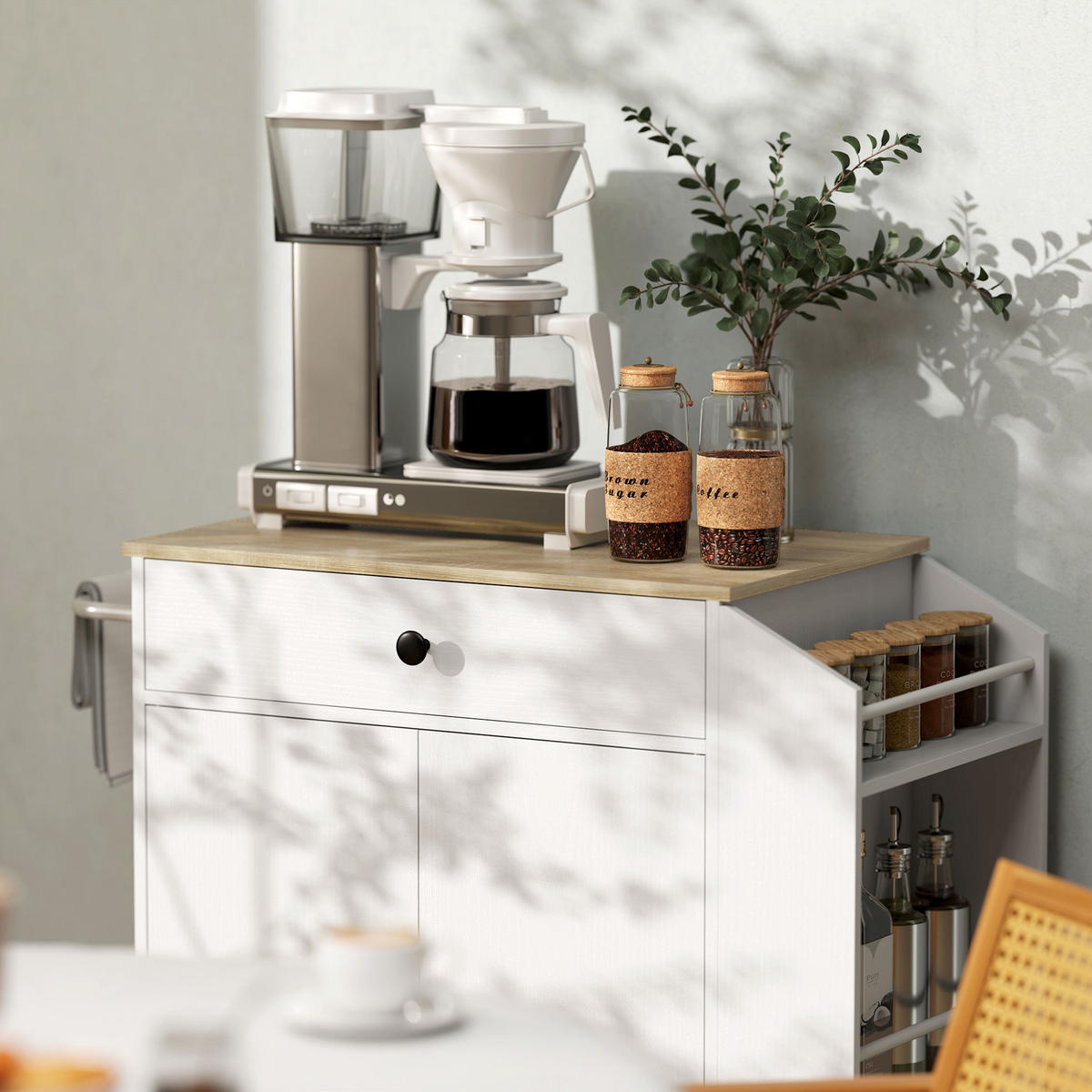 KÜCHENWAGEN 82x38x86.5cm weiß mit Schublade, Schrank & Gewürzregalen - Weiß, Holzwerkstoff (82/86.5/38cm) - Modfu