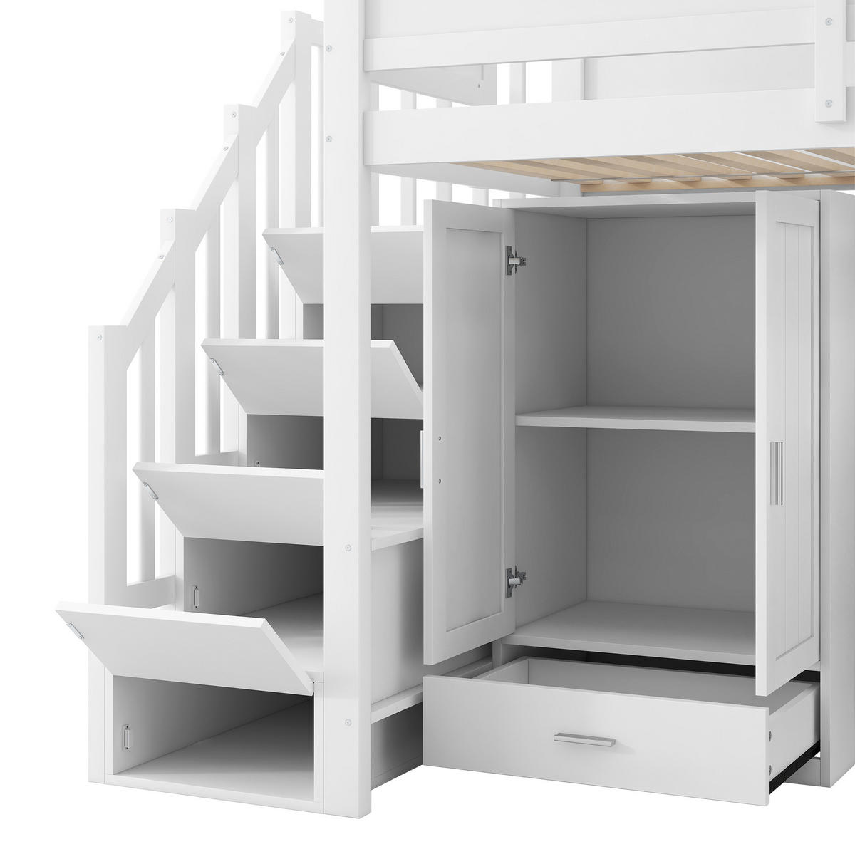 HOCHBETT 90x200 cm in Weiß mit Schreibtisch, Kleiderschrank, Stauraumtreppe und LED - Weiß, Holzwerkstoff (90/200cm) - IVMEU