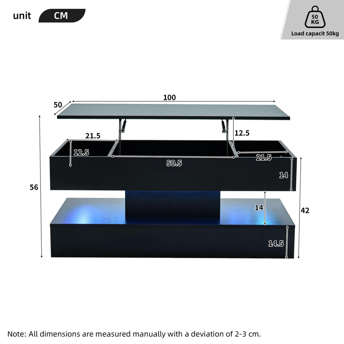 COUCHTISCH höhenverstellbar, Spanplatte schwarz, mit LED-App-Steuerung & Stauraum, 100/50/42 cm,schwarz - Schwarz, Holzwerkstoff (50/100/42cm) - Redom