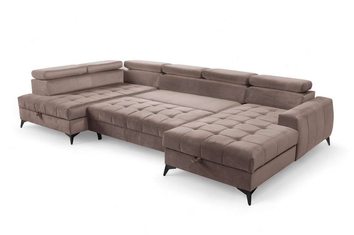 WOHNLANDSCHAFT Arkucio U Braun 345/200/95 cm – großes Sofa mit Schlaffunktion R - Schwarz/Braun, Textil/Metall (345/95/200cm) - AX Living