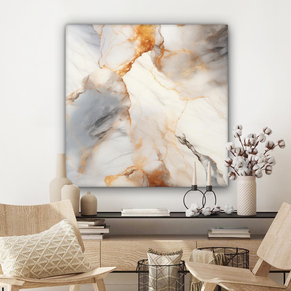 LEINWANDBILD Marmor - Grau - Gold 90x90 cm - Weiß, Textil (90/90cm) - MuchoWow