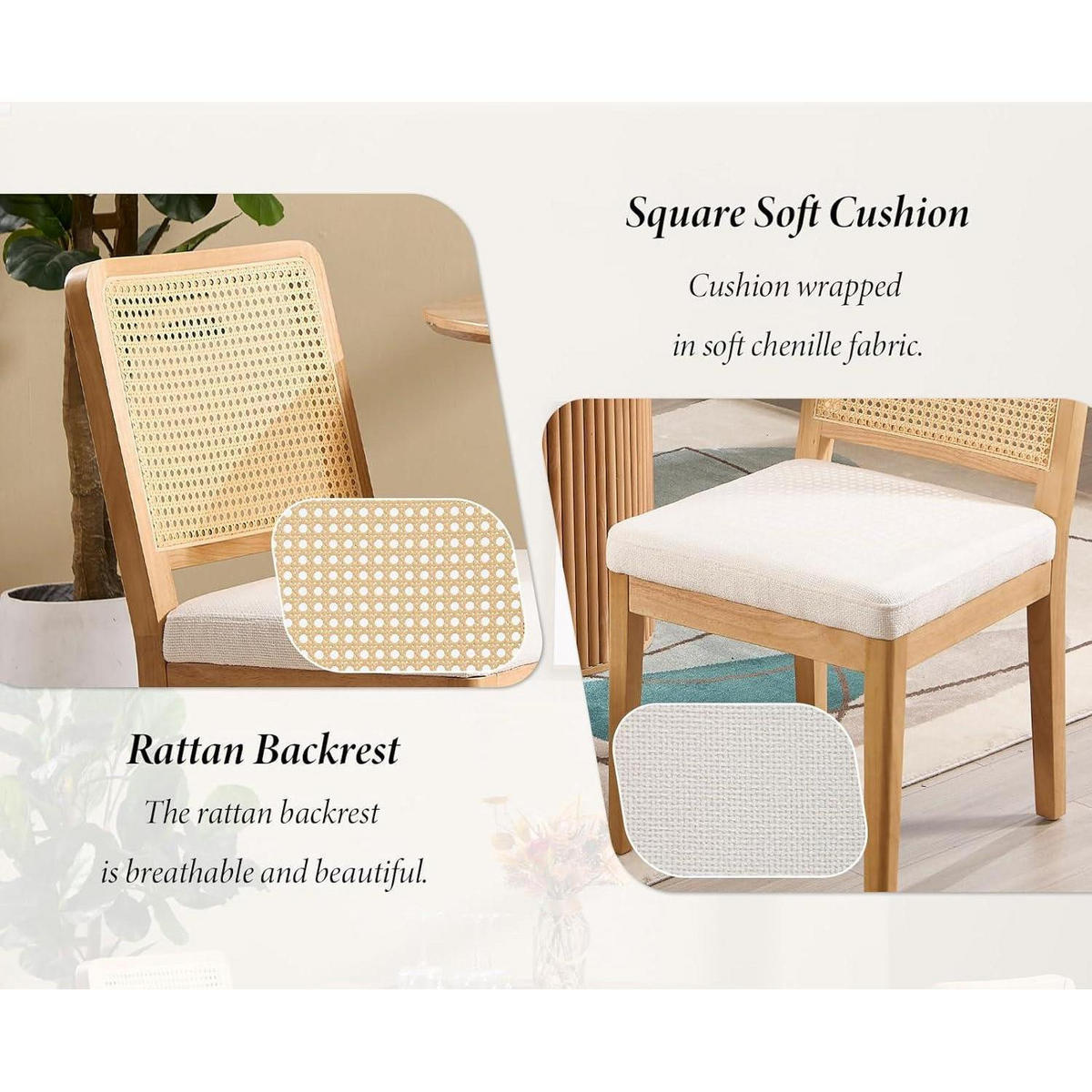 ESSZIMMERSTÜHLE 4er Set Chenille Rattan Rückenlehne Holz Weiß - Weiß, Naturmaterialien (48.5/86/56.5cm)