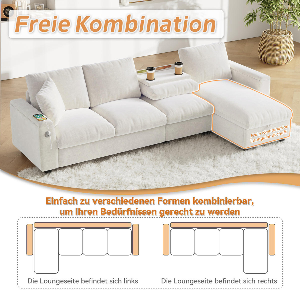ECKSOFA Chenille Beige mit Schlaffunktion, Stauraum, USB und Type-C - Beige, Holzwerkstoff/Kunststoff (280/137cm) - WISHDOR